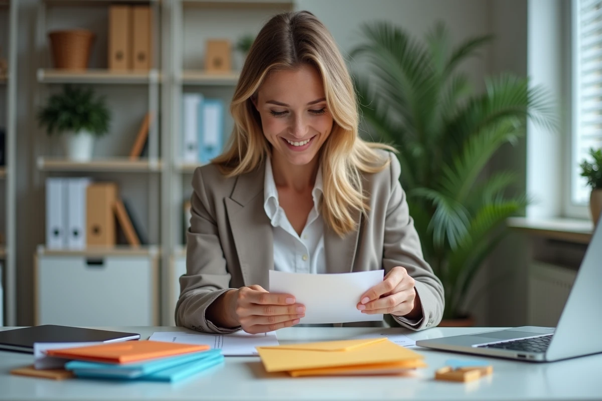 Femme organisée triant des enveloppes colorées au bureau