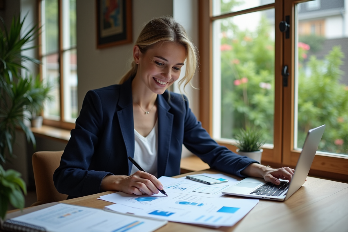 Femme souriante en bureau organisé pour article finance