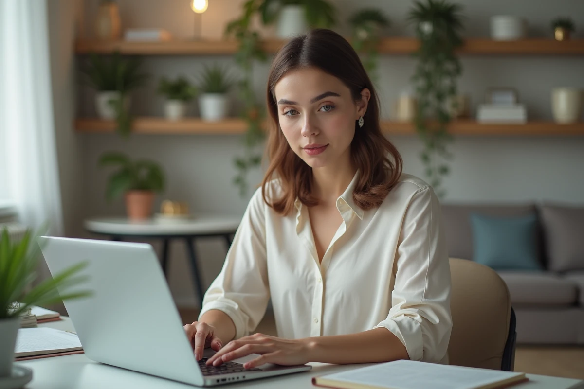 Jeune femme organise un cadeau collectif sur son ordinateur portable