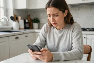 Femme payant sa facture Free Mobile en retard depuis son smartphone dans une cuisine moderne