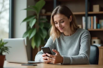 Femme paramétrant ses alertes SMS et mails sur l'application bancaire CA56 depuis son domicile