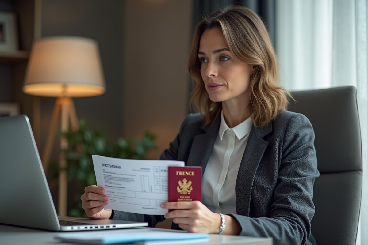 Femme en blazer tenant son passeport et billet voyage