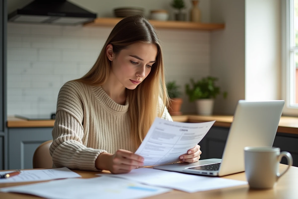 Jeune femme préparant ses impots dans la cuisine