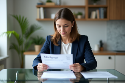 Femme professionnelle examinant des documents de prêt immobilier