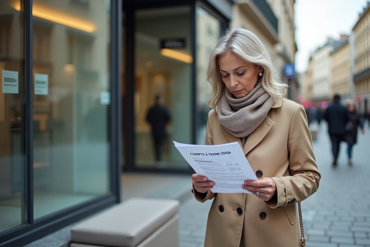 Femme examinant un rapport financier devant une banque