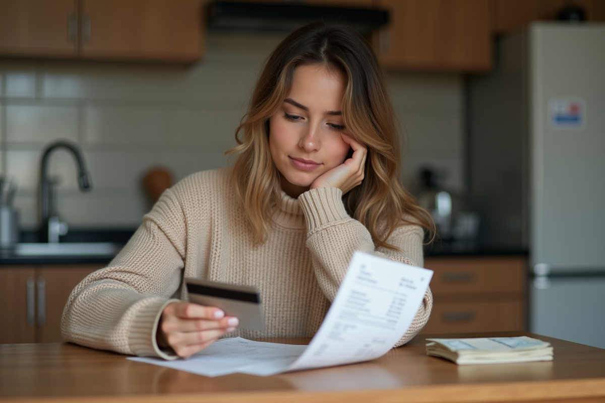 Femme assise à la cuisine examine un reçu et une carte bancaire