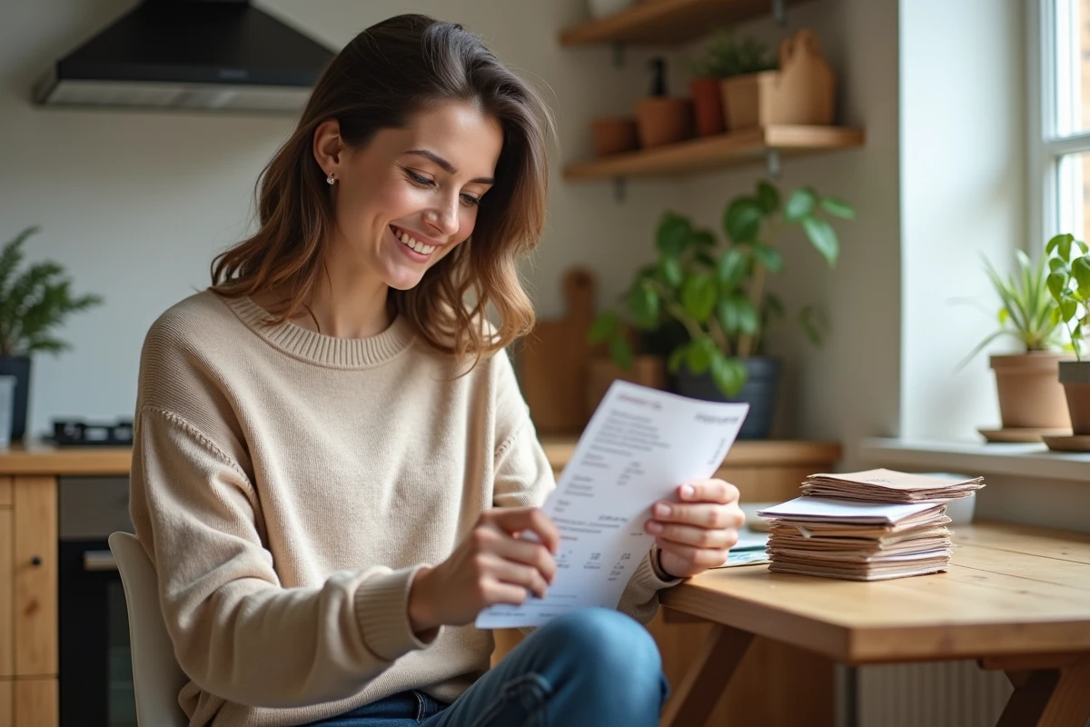 Femme souriante vérifiant un reçu de courses dans la cuisine