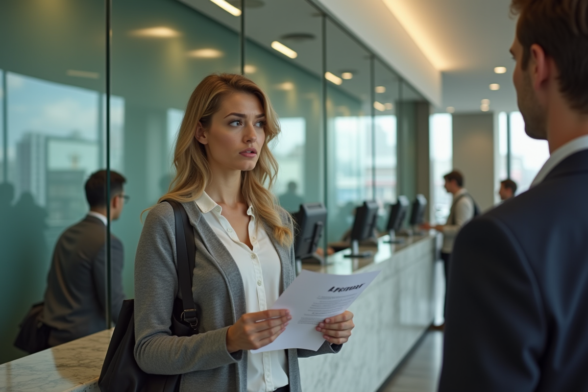 Femme inquiete devant un guichet bancaire avec un dossier de pret refuse