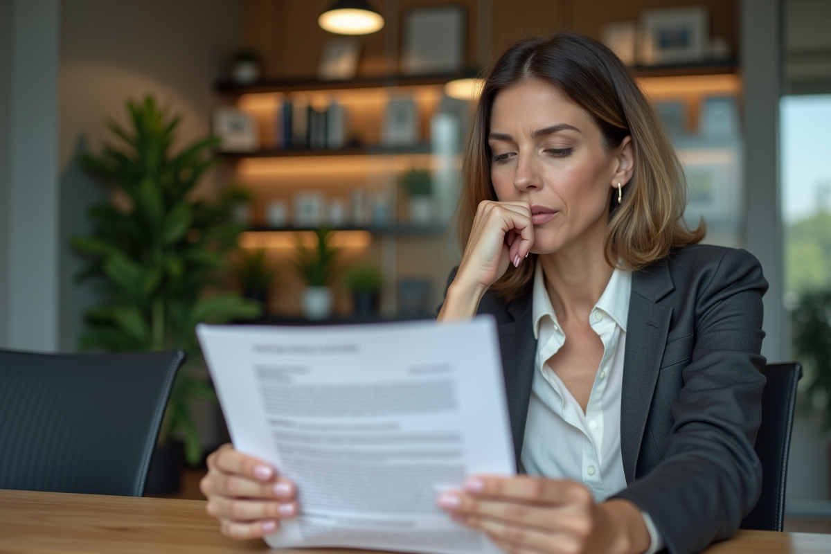 Femme d'affaires lisant une lettre de rejet de prêt immobilier