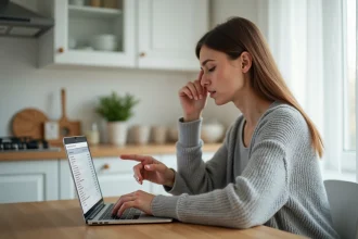 Femme consultant son relevé bancaire en ligne sur un ordinateur portable et remarquant des prélèvements répétés de 108 euros