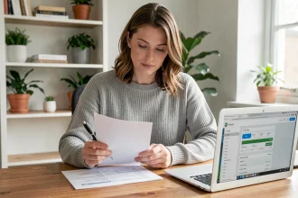 Femme consultant son relevé de compte Banque Populaire Val de France sur bureau avec ordinateur portable