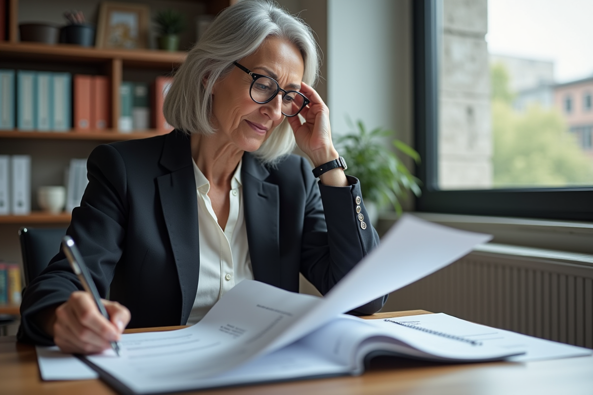 Femme d'âge moyen examinant des documents de retraite