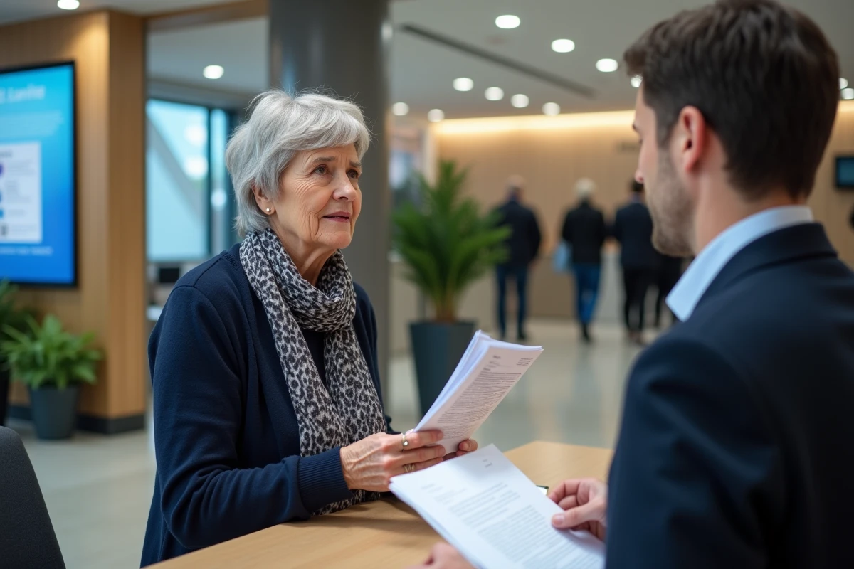 Femme retraitée parlant avec un conseiller bancaire dans une agence moderne