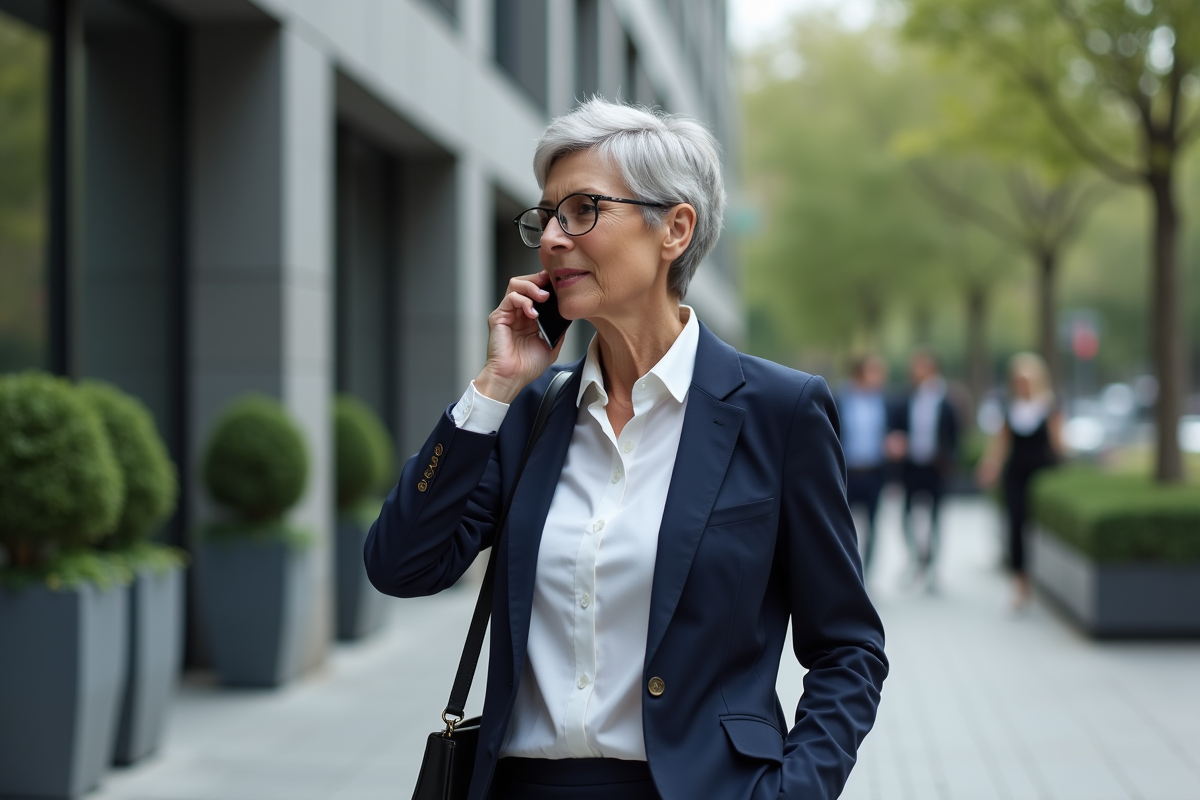 Femme retraitée en extérieur répondant au téléphone