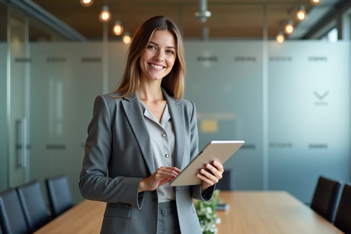 Femme en réunion avec tablette dans un espace contemporain