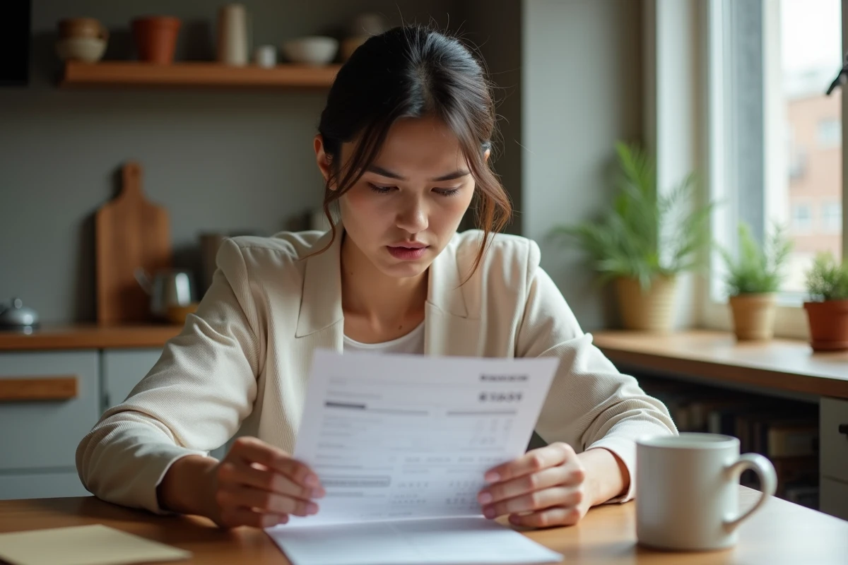 Femme anxieuse vérifiant ses comptes dans une cuisine moderne