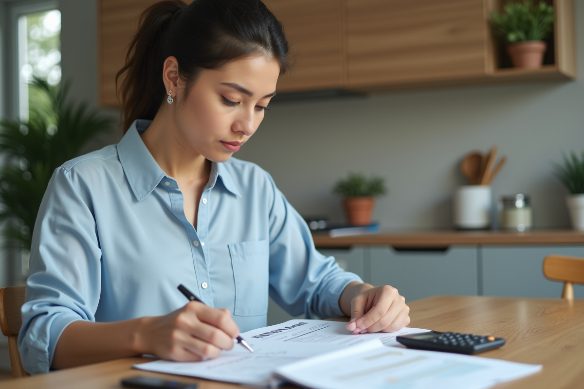 Femme examinant des relevés financiers à la maison