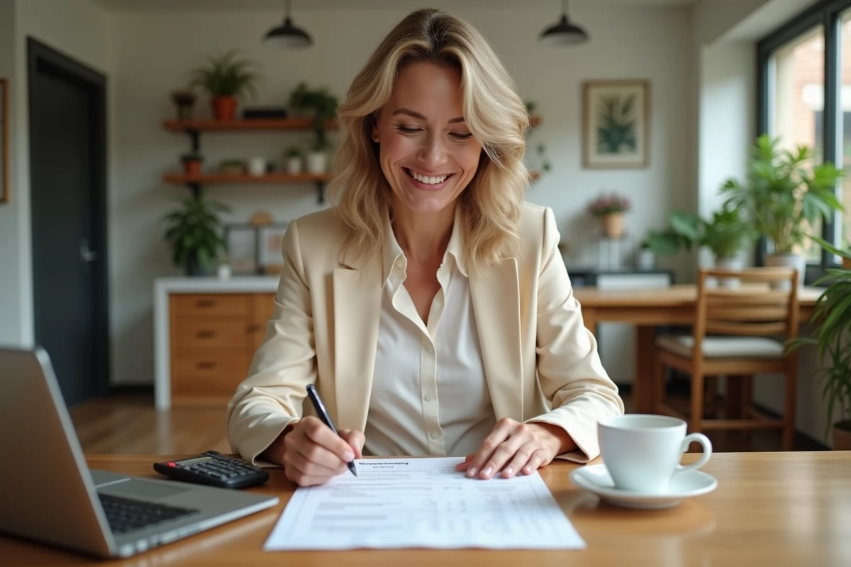 Femme souriante vérifiant un document de salaire à la maison