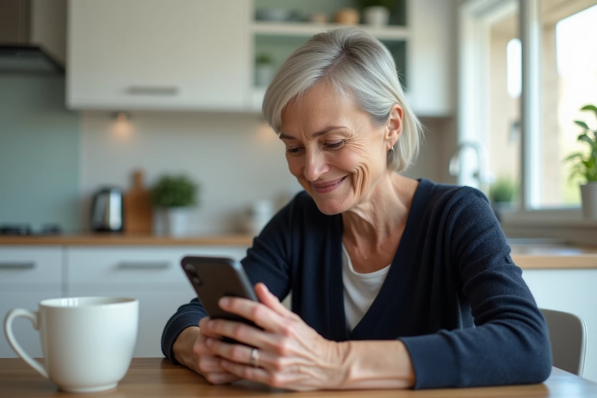 Femme senior lisant une alerte SMS reçue depuis son compte bancaire CA56 dans sa cuisine
