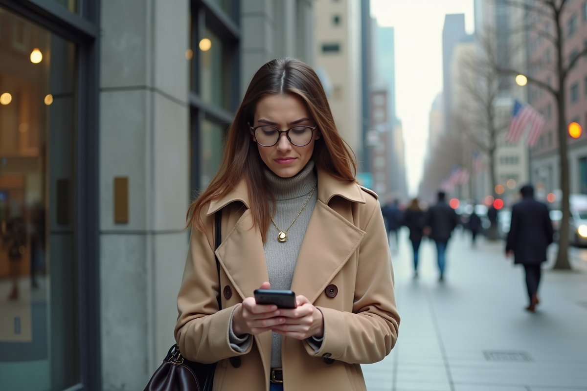 Jeune femme dans la rue regardant son smartphone