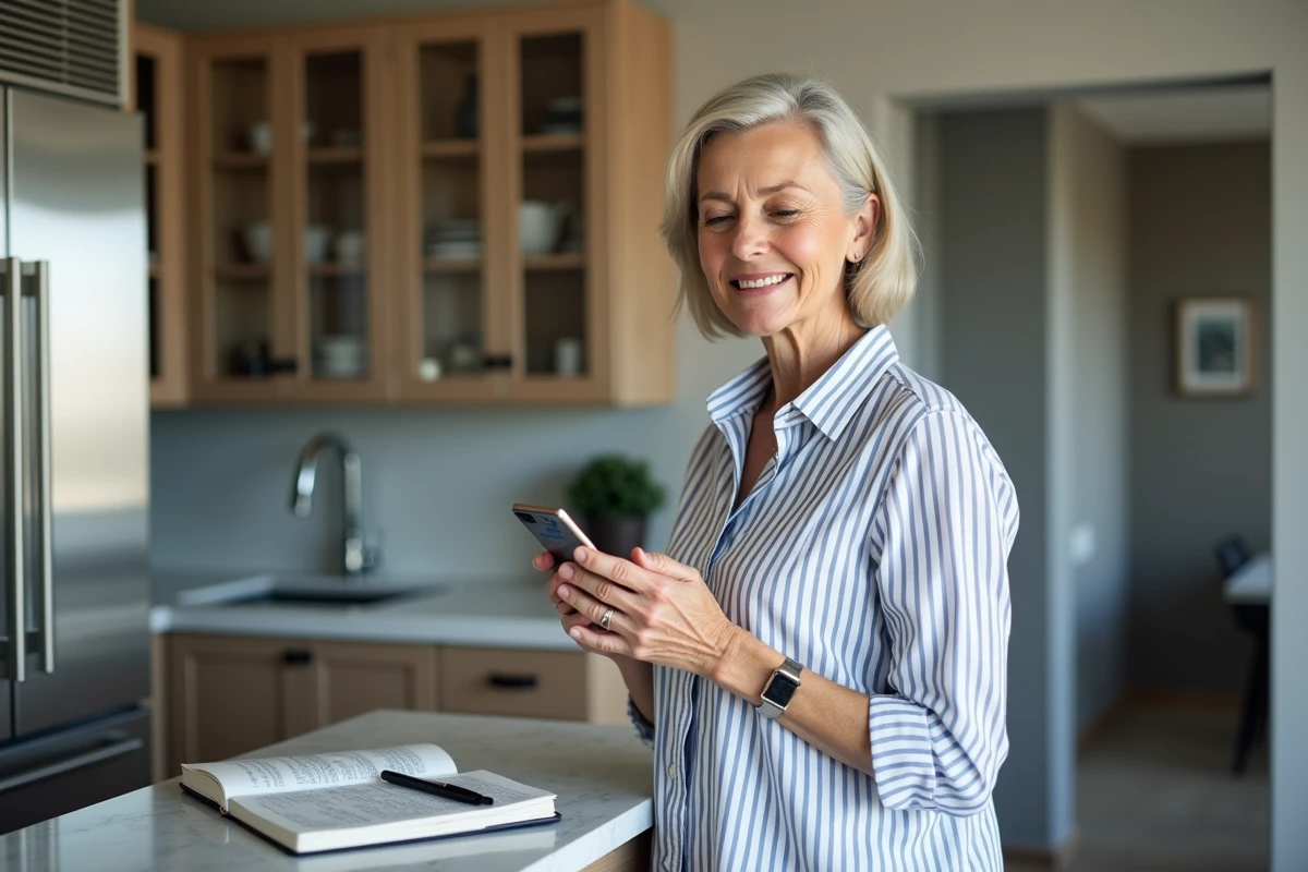 Femme consultant le site Urssaf sur son smartphone pour effectuer un changement de coordonnées bancaires CESU