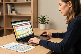 Femme consultant un tableau Excel de suivi d'épargne sur son ordinateur portable dans un bureau à domicile organisé