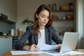 Jeune femme au bureau à domicile en train de revoir des documents