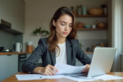 Jeune femme au bureau à domicile en train de revoir des documents