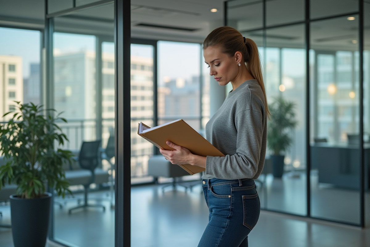 Femme compare deux dossiers financiers dans un bureau moderne