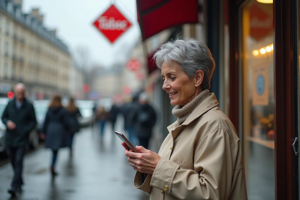 Femme âgée vérifiant une confirmation de dépôt espèces Nickel sur smartphone devant un bureau de tabac parisien lors d'une urgence financière