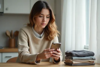 Jeune femme vérifiant la fiabilité de Mangopay Vinted sur son smartphone avec des vêtements à vendre posés sur une table en bois
