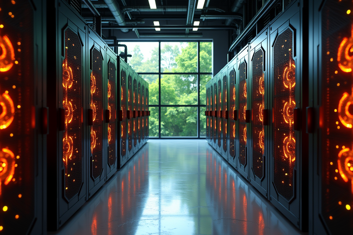 Ferme de minage Bitcoin moderne avec nature en arrière-plan