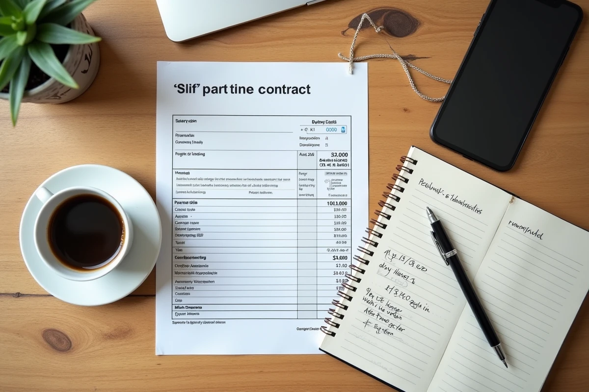 Vue aérienne d'un bureau avec fiche de paie imprimée, calculatrice sur smartphone et notes manuscrites pour estimer un salaire SMIC à 25 heures par semaine