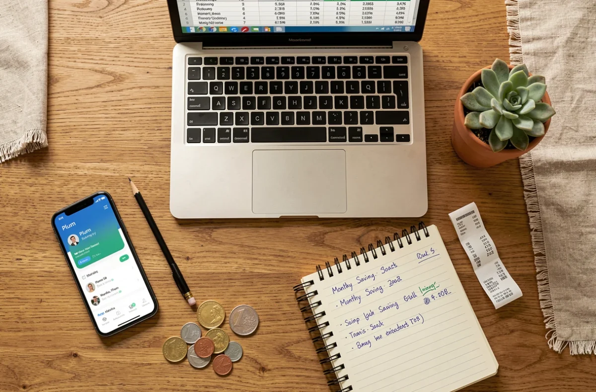 Vue aérienne d'un bureau avec laptop Excel, smartphone Plum Épargne, carnet de suivi financier et accessoires organisés