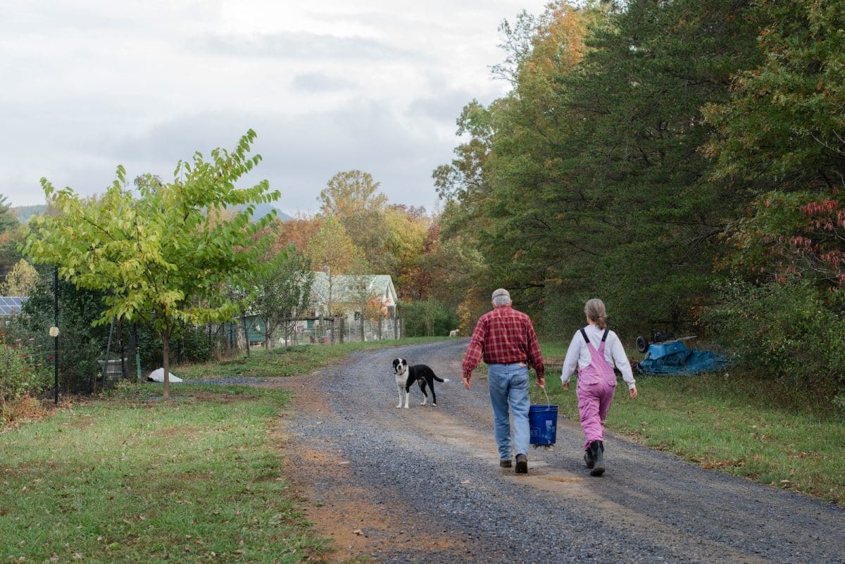 woman in red jacket walking with black dog on pathway during daytime