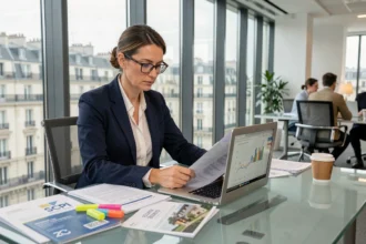 Femme gestionnaire de patrimoine analysant des documents financiers de SCPI européennes dans un bureau moderne à Paris