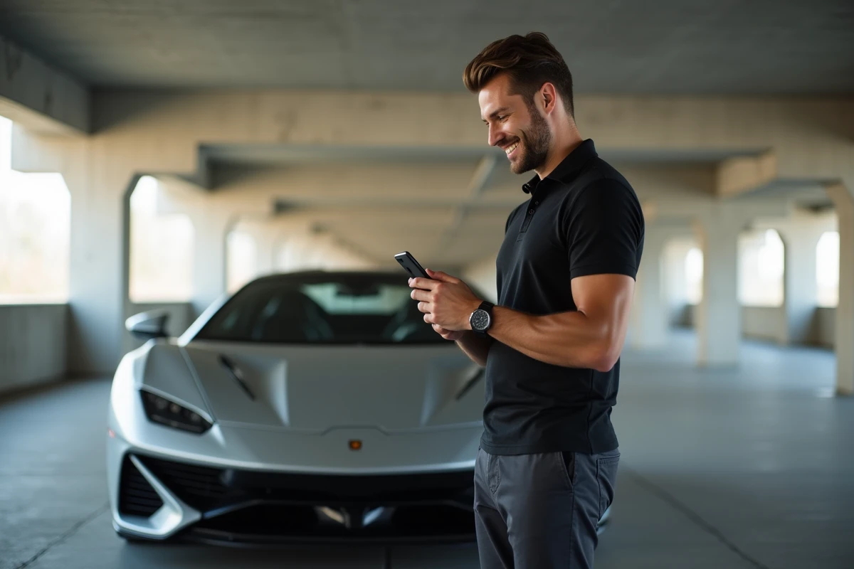Créateur YouTube spécialisé en automobile vérifiant ses revenus sur smartphone à côté d'une voiture de sport