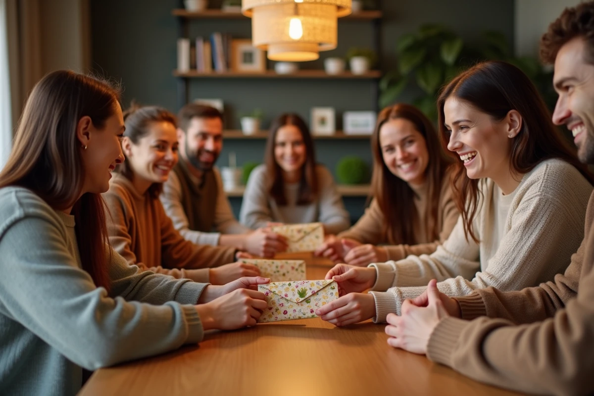 Six adultes souriants autour d'une table partageant un enveloppe cadeau