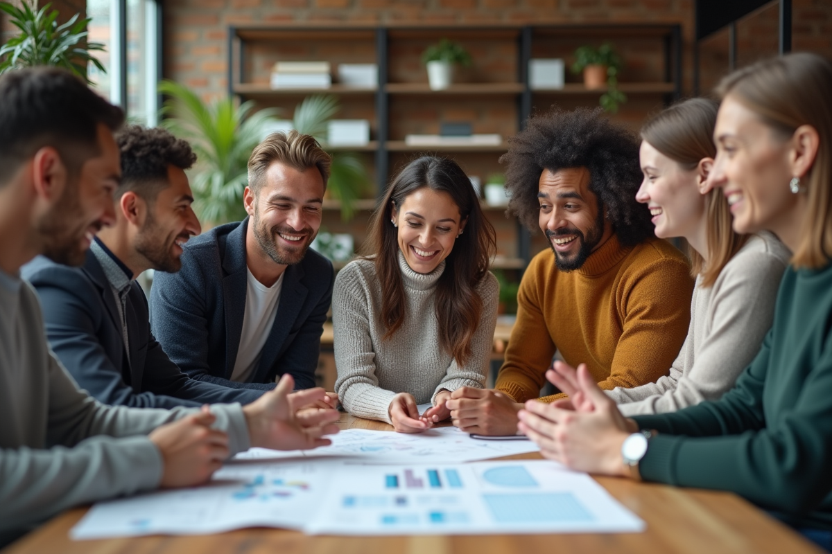 Groupe de jeunes professionnels en discussion dans un espace ouvert