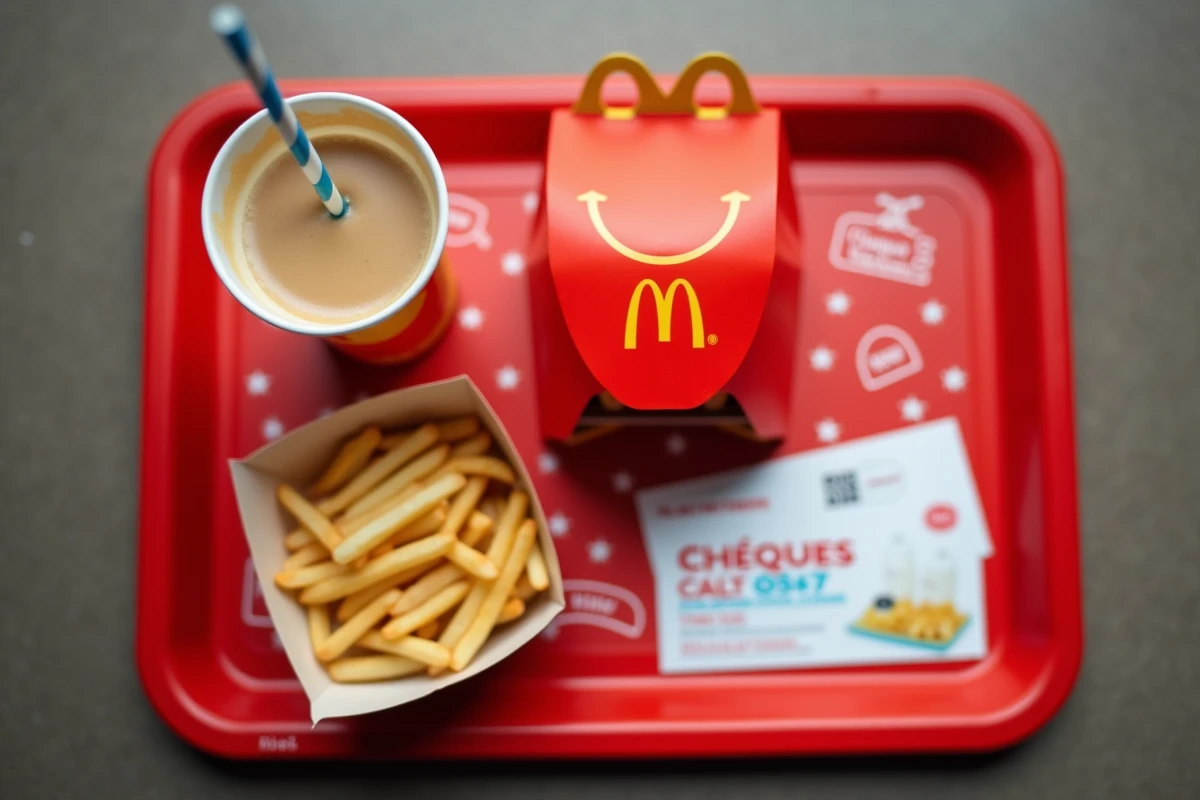 Menu enfant Happy Meal et Chèques Vacances ANCV posés sur un plateau McDonald's