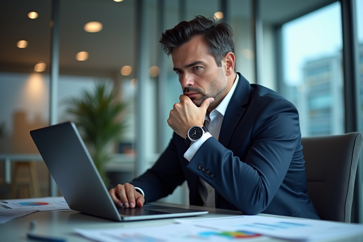 Homme d'affaires regardant un graphique boursier en baisse