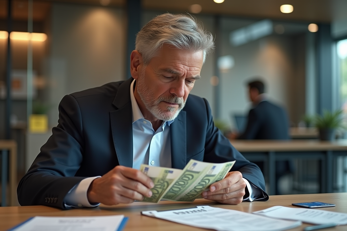 Homme d'affaires organisant des billets dans une banque