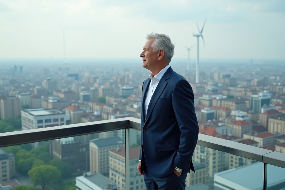 Homme d'affaires en costume sur un rooftop urbain