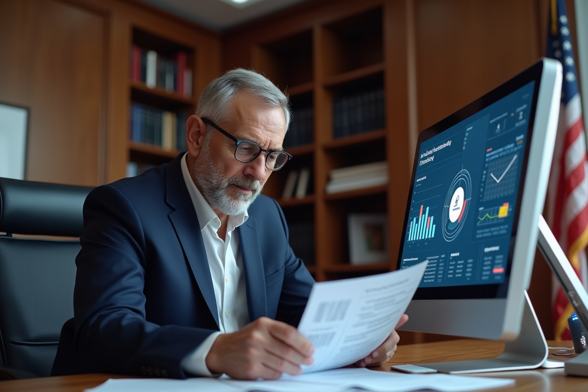 Homme d'affaires en costume regardant des graphiques financiers