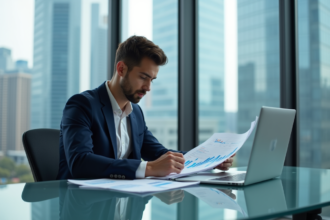 Jeune homme d'affaires en costume dans un bureau moderne