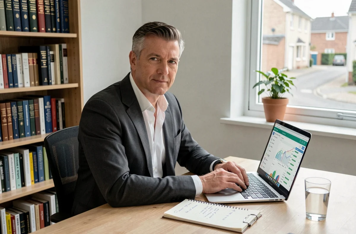 Un homme d'affaires analysant les performances de sa SCPI Immorente sur un tableau de bord en ligne depuis son bureau à domicile