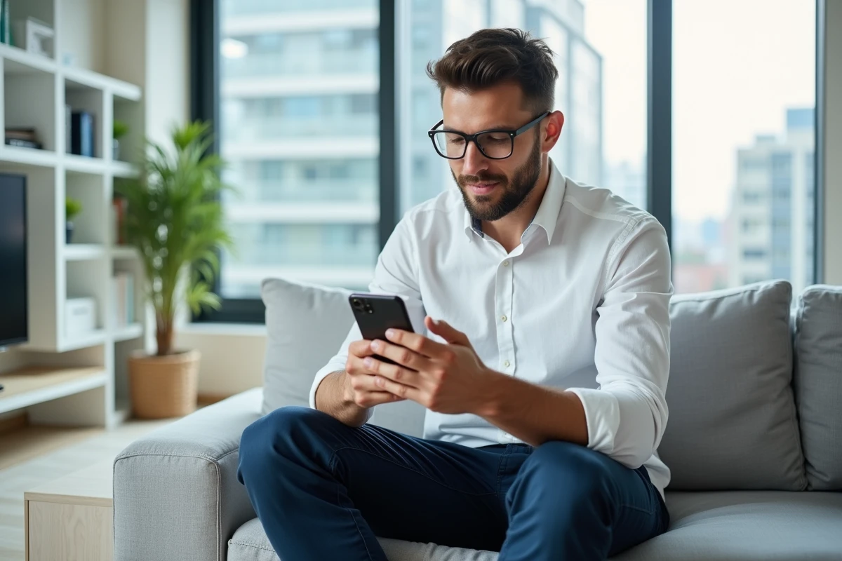 Homme consultant l'application bancaire Société Générale sur smartphone dans son salon