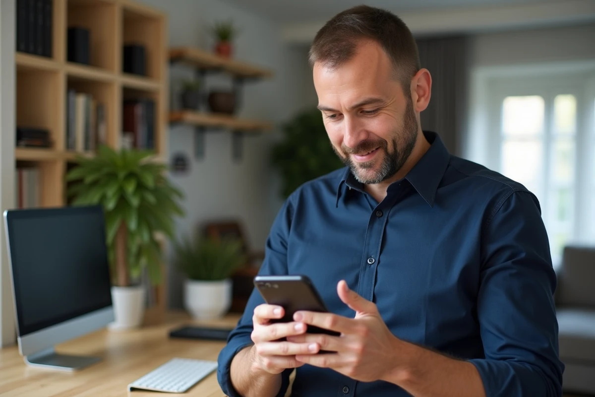 Homme consultant une application d'achats en ligne sur smartphone dans un bureau à domicile, symbolisant le choix entre Bimpli et Amazon pour ses dépenses quotidiennes