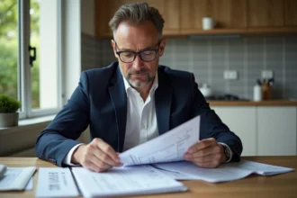 Homme d'âge moyen en costume bleu gérant ses finances à la maison
