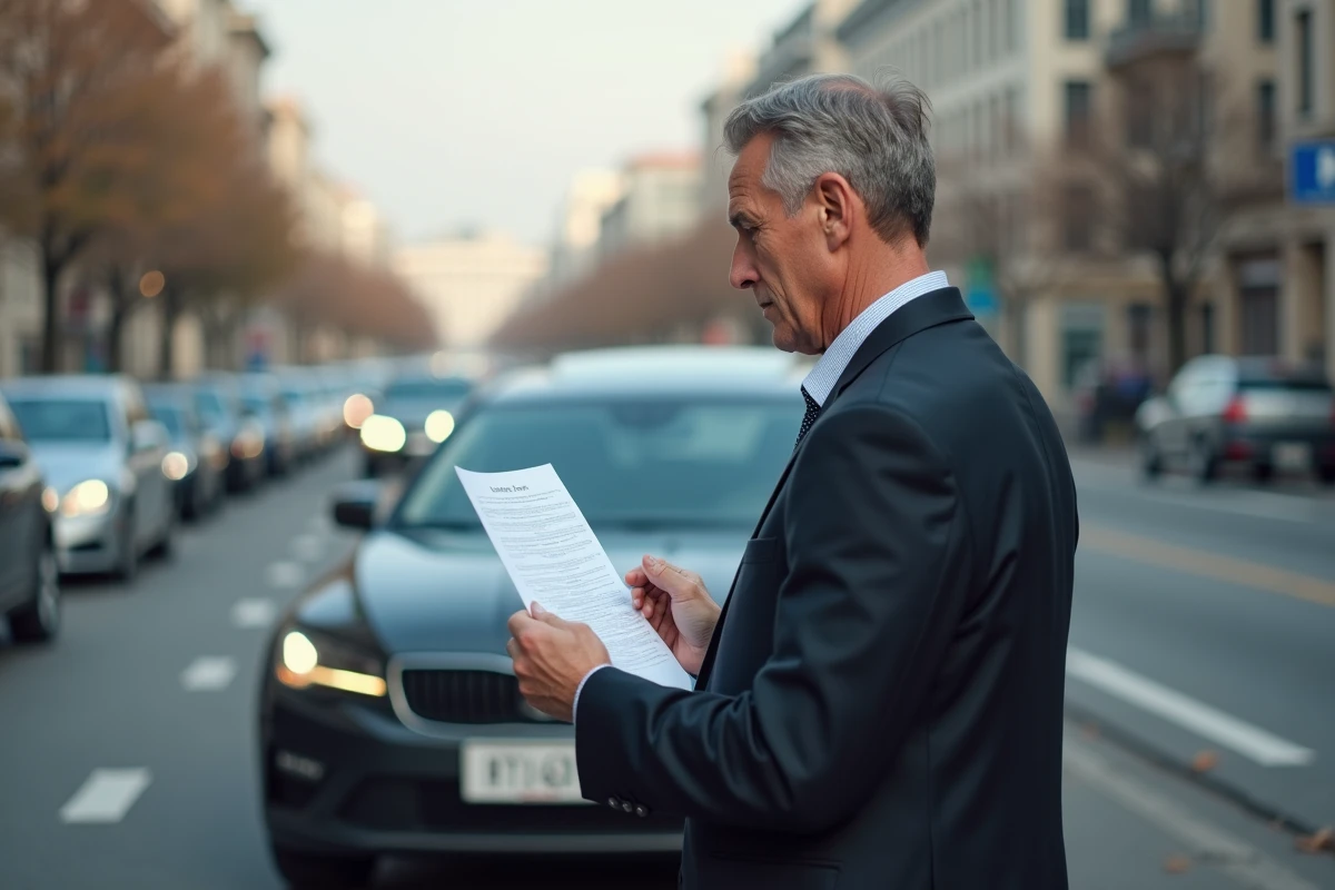 Homme d affaires examine documents devant sa voiture